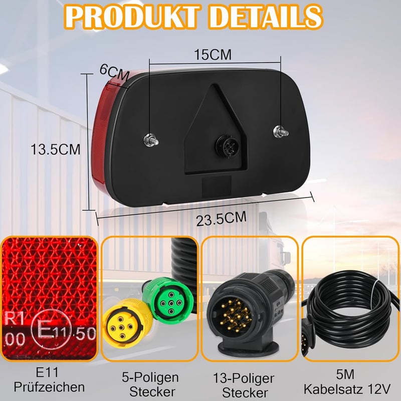 Set universal lămpi spate pentru remorcă Warmfay 12V, cu conector cu 13 pini, cablu de 5m, certificat E11 - Iluminare impermeabilă pentru remorci