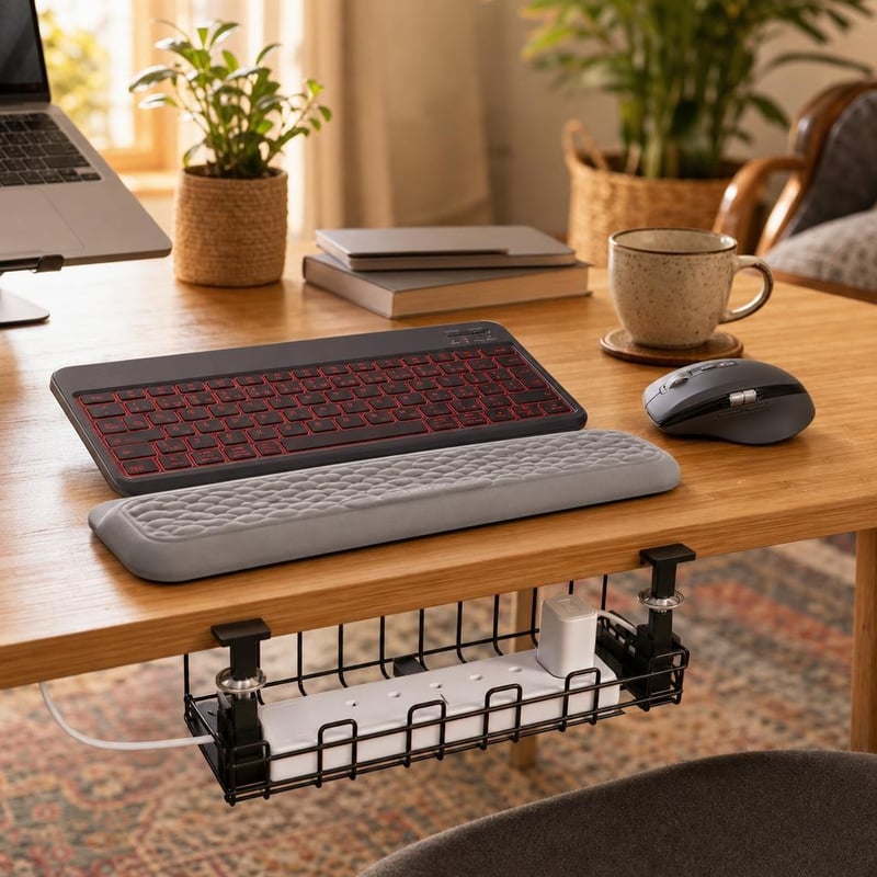 Set birou ergonomic: tastatură iluminată + mouse Bluetooth + suport încheietură + organizator cabluri
