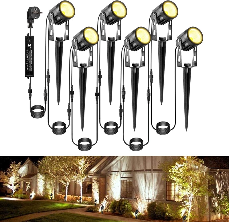 Greenclick LED Kerti Világítás Szett 6db, 1800LM 21m Kábellel, IP65 Vízálló Meleg Fehér COB Lámpa Földbe Szúrható Tüskével, Kültéri Spotlámp