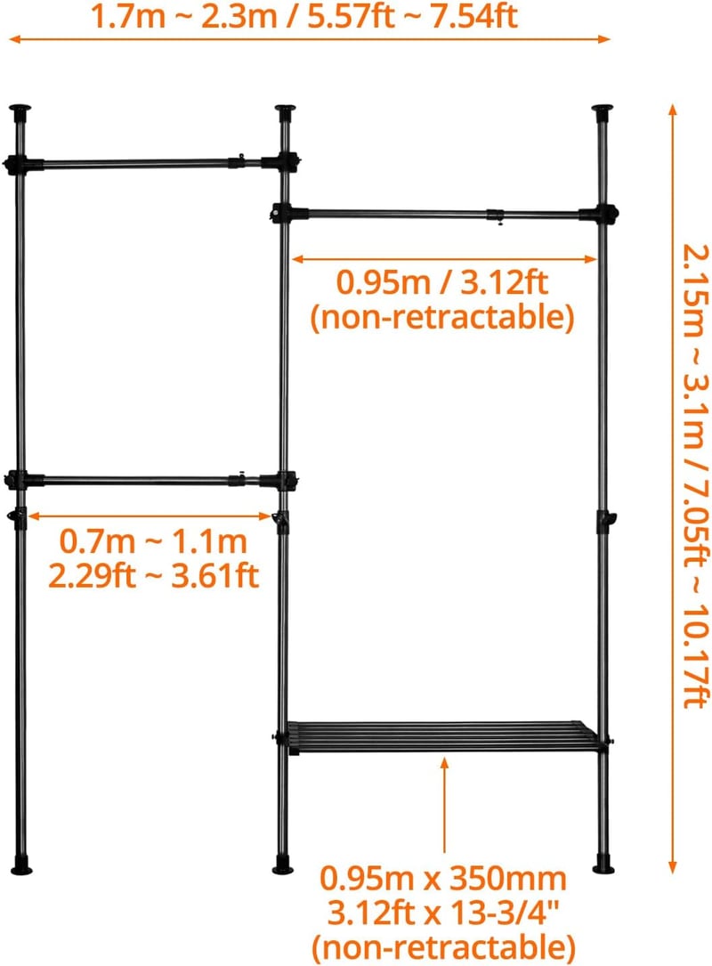 QWORK Teleszkópos Ruhaállvány - Állítható Acél Ruhaszárító, 50 kg Teherbírás, Hálószobába, Öltözőbe, Fekete, 230x315 cm