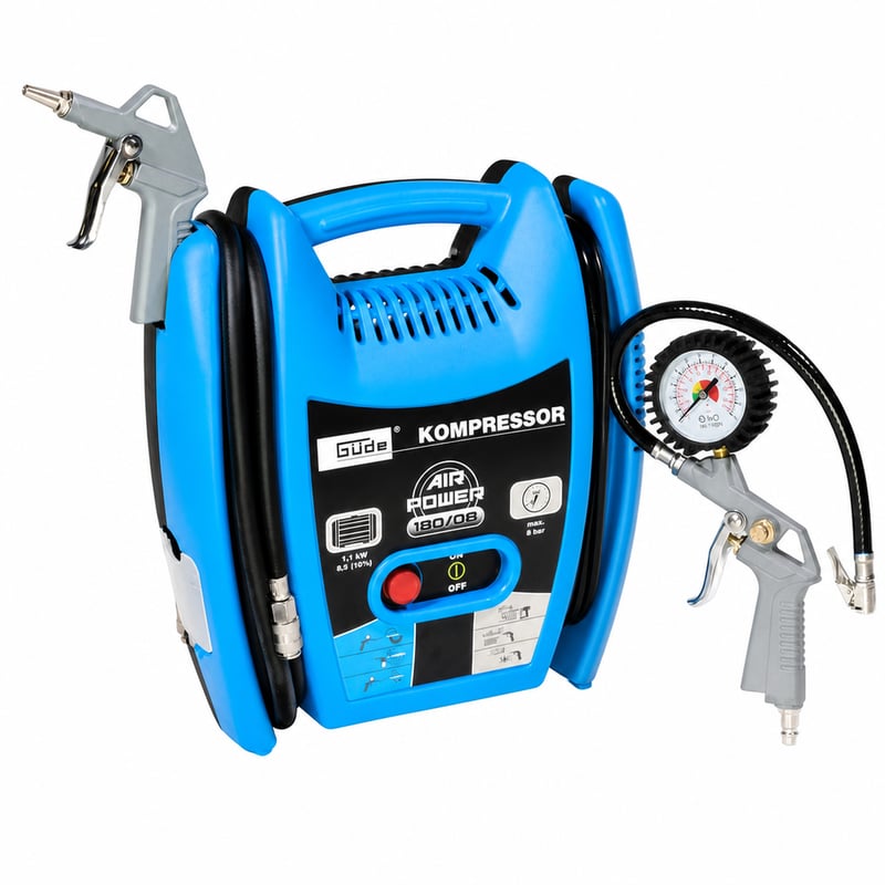 Bezolejový kompresor Güde Airpower 180/08, 1100 W, 8 bar, 140 l/min, remeňový pohon, 2,5 m — bez súpravy adaptérov (stav: pozri 2. obrázok)