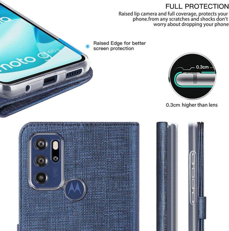 Motorola Moto G60S kék flip tok - mágneses, kártyatartós, állványos