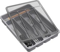 Lifewit Evőeszköztartó Fedéllel, 5 Rekeszes Műanyag Fiókrendező Konyhai Eszközökhöz, 23,5x32,3 cm, Szürke Evőeszköz Szervező Kés/Villa/Kanál 1