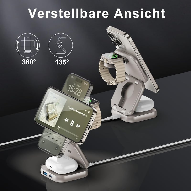 AC ISLAND 5 az 1-ben MagSafe Töltőállomás iPhone 16/15/14/13/12, Apple Watch és AirPods Készülékekhez - Összecsukható Utazási Vezeték Nélkül