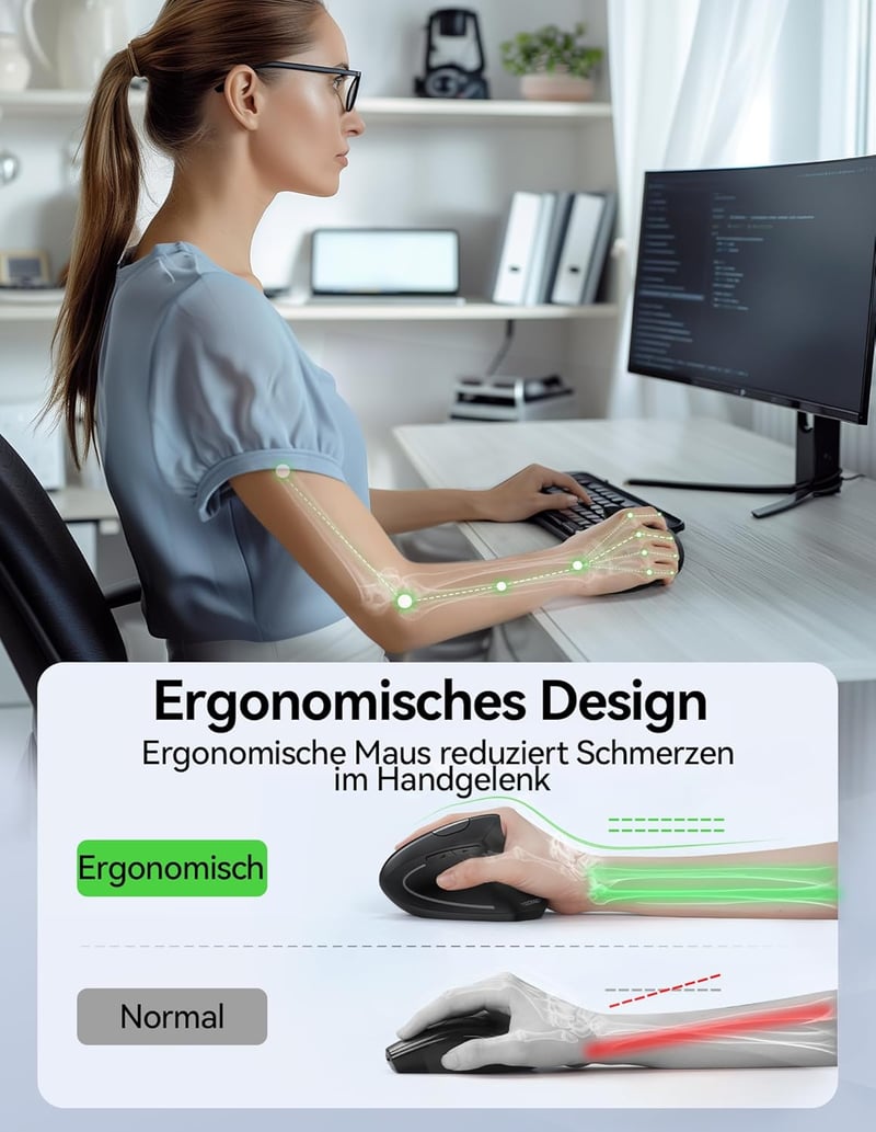 TECKNET Ergonomikus Vezeték Nélküli Egér - Újratölthető, 4800 DPI, Csendes Kattintás, 6 Gomb, LED Kijelző, Fekete