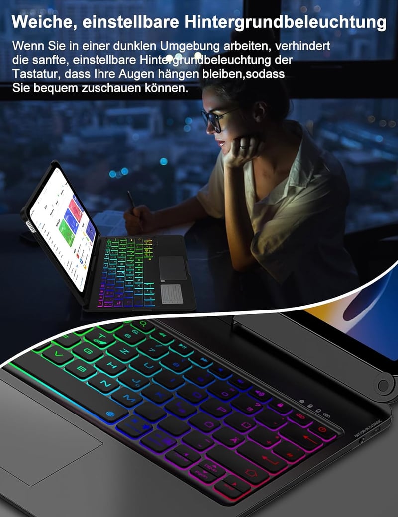 FOGARI iPad 10. Generációs Billentyűzetes Tok - Multi-Touch Trackpaddal, 7 Színű Háttérvilágítással, 10.9" Kompatibilis, QWERTZ Kiosztás, Fe