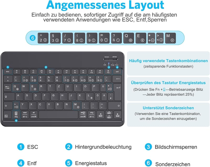 Emetok Német Bluetooth Billentyűzet 7 Színű Háttérvilágítással - Újratölthető, Ultravékony, Vezeték Nélküli iPad/iPhone/Android Eszközökhöz - Black (backlight)