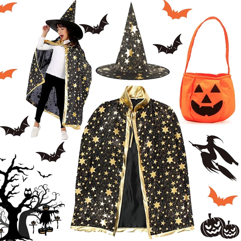 Gyerek Varázsló Köpeny Kalappal - Halloween Boszorkány Jelmez