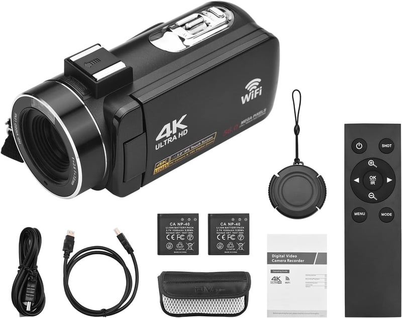 Camnoon 4K Akciókamera 56MP IPS Érintőképernyővel - WiFi, Arcfelismerés, Éjjellátó, Stabilizátor, 2 Akkumulátor és Távirányító
