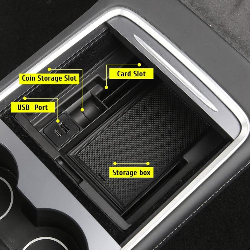 Tesla Model 3 Konzol Rendszerező - Kártyatartós, Érmetárolós, USB-s Fekete Tárolórekesz
