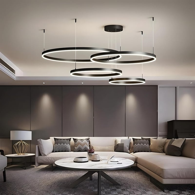 YYUTLUO Modern LED Csillár - 4 Fekete-Arany Gyűrű (20+40+60+80cm), 100W, Távirányítható, Fényerőszabályozható Mennyezeti Lámpa Nappaliba