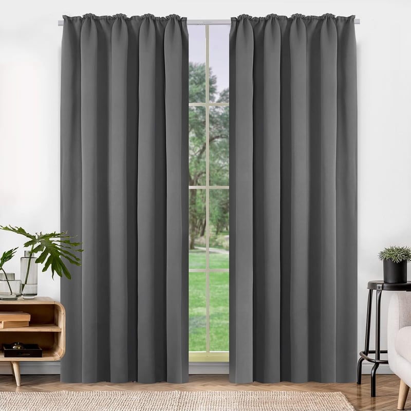 Deconovo Sötétítő Függöny Hőtartó Polyester Anyagból - Világosszürke Fényzáró Függönypár Ráncolt Szalaggal, 245x140 cm, Hőszigetelő