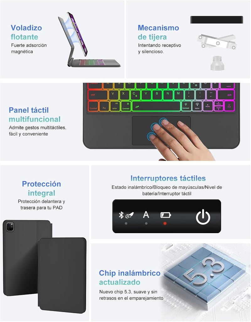 FOGARI Bluetooth Billentyűzet iPad Air 11/5/4 és Pro 11 Modellekhez - QWERTZ Touchpad, 7 Színű Háttérvilágítás, Fekete