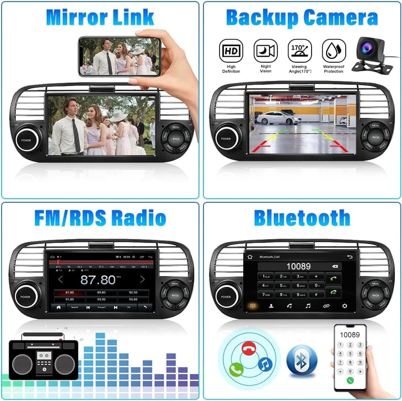 FIAT 500 Android 10.0 Autoradio 7" Érintőképernyővel, Navigációval és Tolatókamerával (2007-2015)