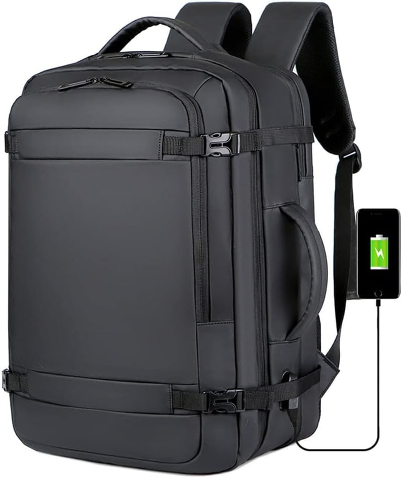BAGZY Férfi Laptop Hátizsák 17" - Vízálló, Bővíthető 30-40L Utazótáska USB Töltőporttal, Kézipoggyász Méret 45x36x20cm, Fekete