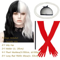 TANTAKO Fekete-Fehér Cosplay Paróka Szett - Hőálló Hullámos Műhaj Cruella Jelmezhez Piros Kesztyűvel, Gyöngy Nyaklánccal 2