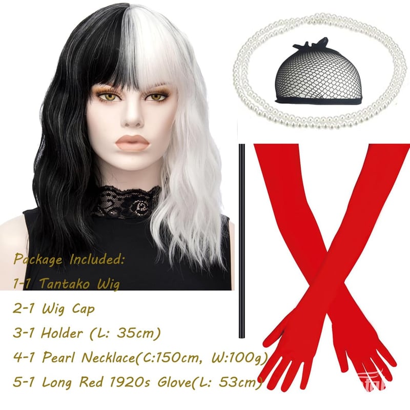 TANTAKO Fekete-Fehér Cosplay Paróka Szett - Hőálló Hullámos Műhaj Cruella Jelmezhez Piros Kesztyűvel, Gyöngy Nyaklánccal