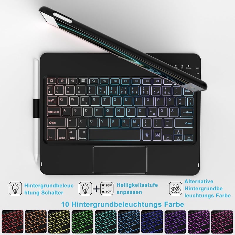 TQQ iPad 10.2" Billentyűzet Tok Precíziós Trackpaddal - 7-8-9. Generációs iPad Védőtok, 10 Színű Háttérvilágítás, 360° Forgatható, Német QWE
