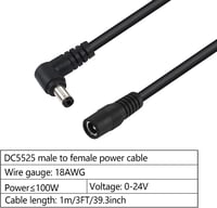 GINTOOYUN 2 db DC5525 Tápkábel Hosszabbító, 90 fokos, 1m, 18AWG, LED világításhoz, CCTV-hez, autóhoz - 5.5x2.5mm 3