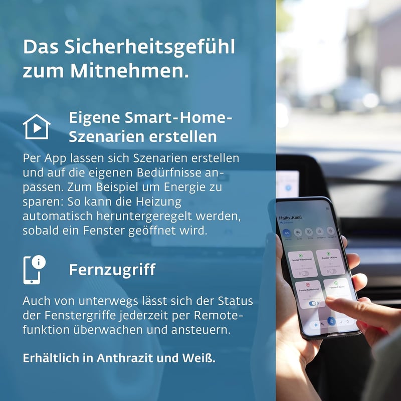 SIEGENIA Smart Window Ablakkilincs - Matt Fehér, Okosotthon Hálózatba Integrálható, Távoli Állapotfigyelés és Központi Zár Vezérlés, 2 AAA E