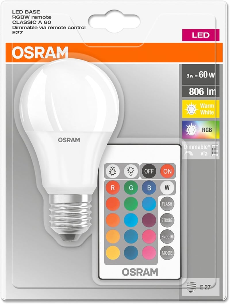 Osram LED Izzó E27 9W - Színes, Fényerő-szabályozható Körte Alakú Lámpa, 806lm, 3000K Meleg Fehér, 60W Hagyományos Helyett