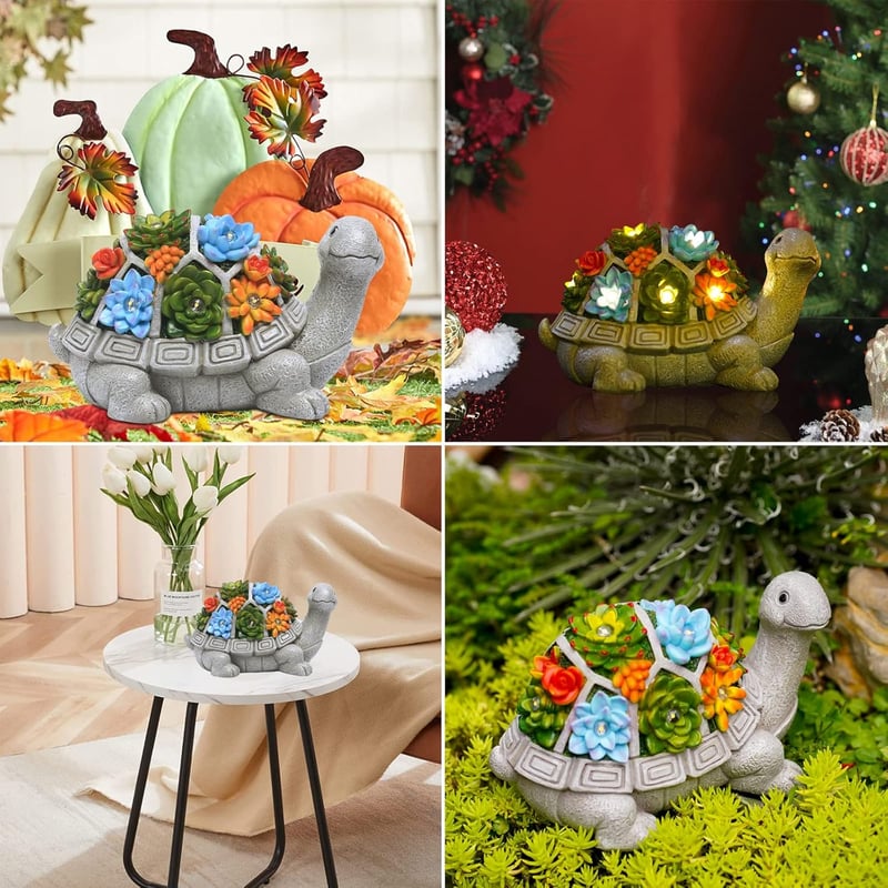 Teknős alakú napelemes kerti lámpa 7 LED-del, pozsgás növénytartóval - Yeomoo