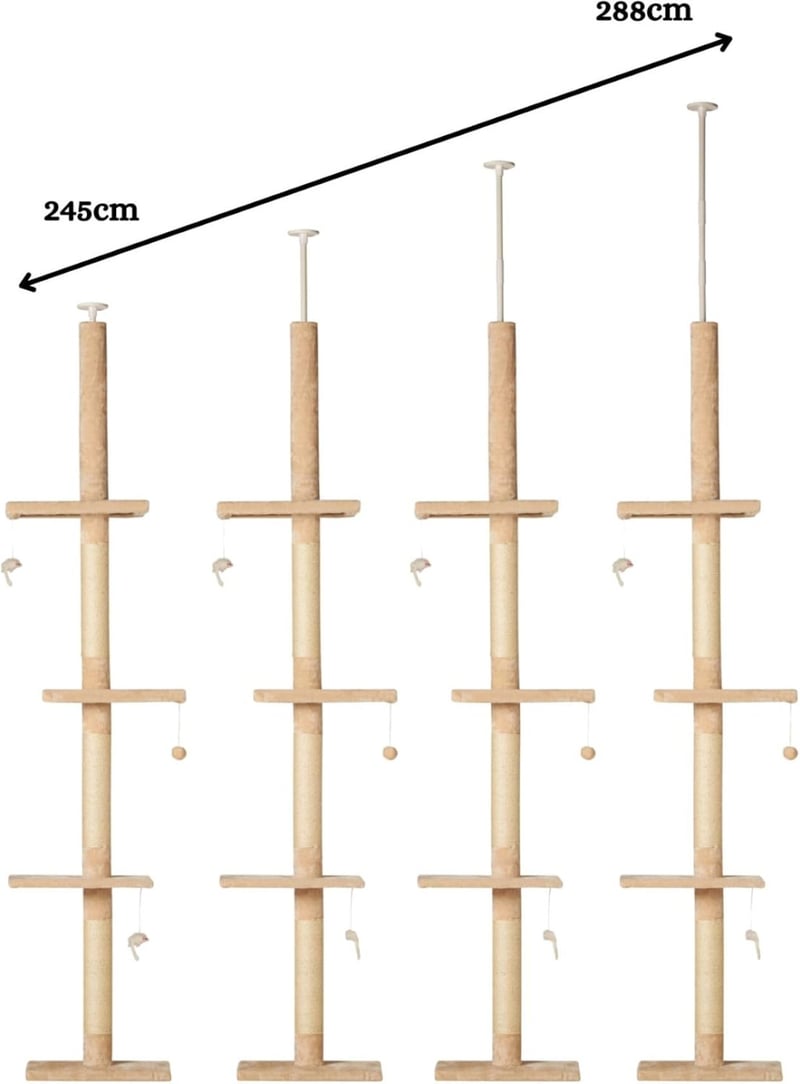 Runesol Mennyezetig Érő Macska Kaparófa, 245-288 cm, Állítható Magasságú, Bézs