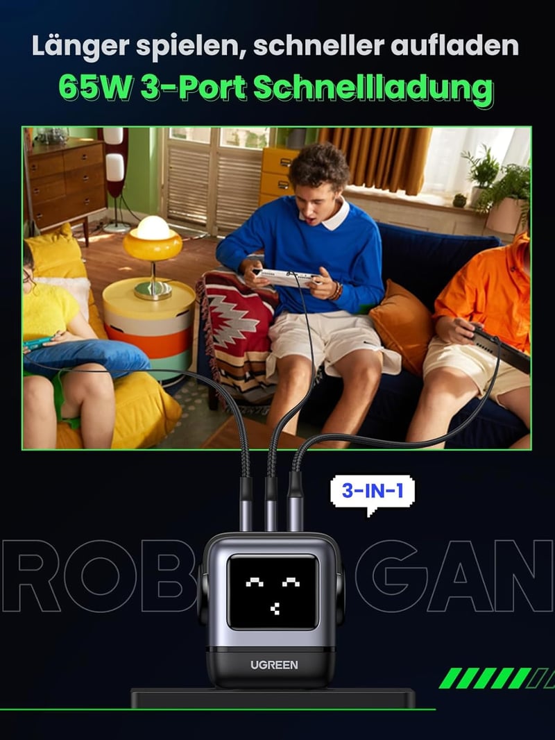UGREEN Nexode RG 65W GaN USB-C gyorstöltő, 3 portos, LED kijelzős, MacBook/iPhone/Galaxy kompatibilis