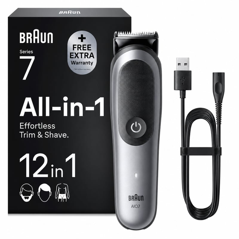 Braun Multigroom All-in-One Series 7 AIO7545 12 v 1 zastrihávač, sivý — netestované (bez nabíjačky) (stav: pozri 2. obrázok)