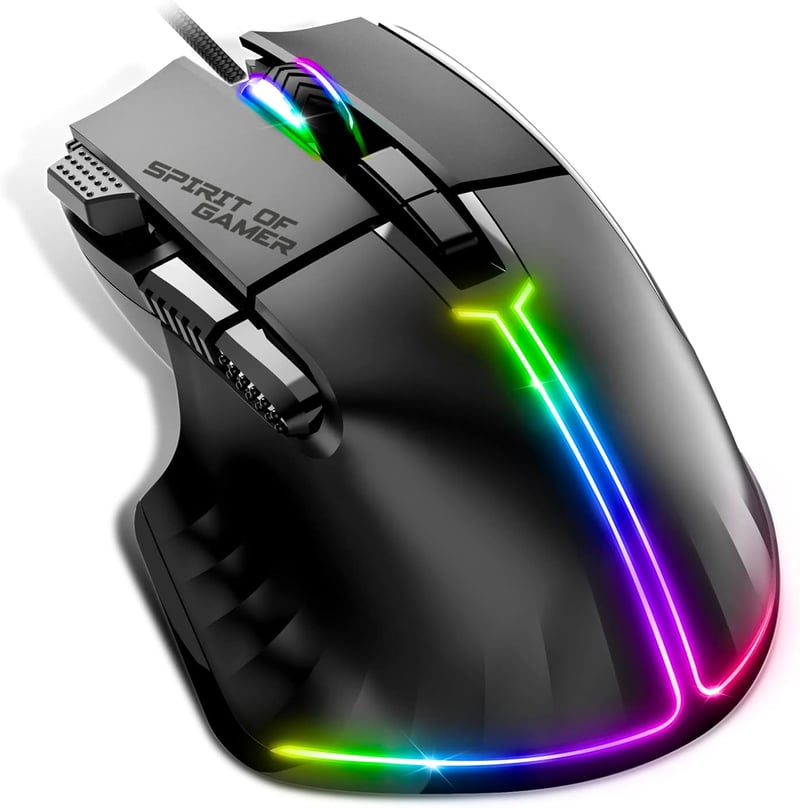 SPIRIT OF GAMER PRO M5 RGB Gamer Egér 12800 DPI, 8 Programozható Gomb, Gyorstüzelés Funkcióval, 13 RGB Háttérvilágítási Effekt, Ergonomikus 