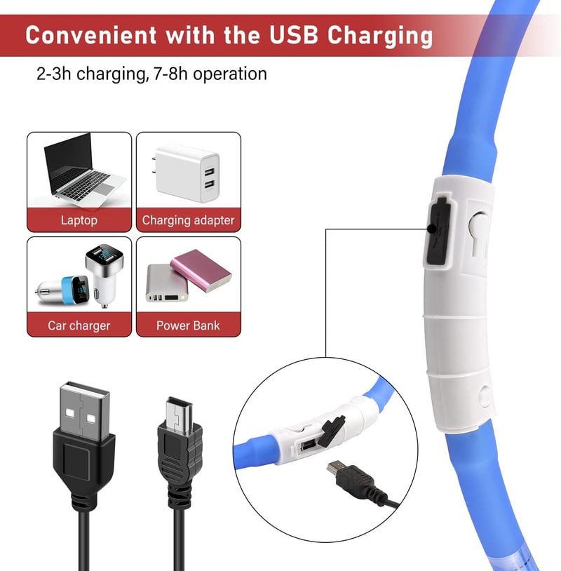 LED-es világító nyakörv kutyáknak, USB-s, vízálló, 3 fénymóddal, állítható
