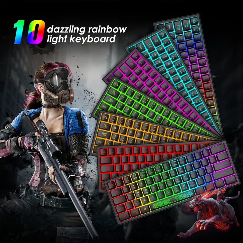 LexonElec 60% Mini Gamer Billentyűzet és Egér Szett - Fekete, RGB Háttérvilágítás, Mechanikus Érzetű, Ergonomikus, 12000 DPI Méhsejt Egér, U