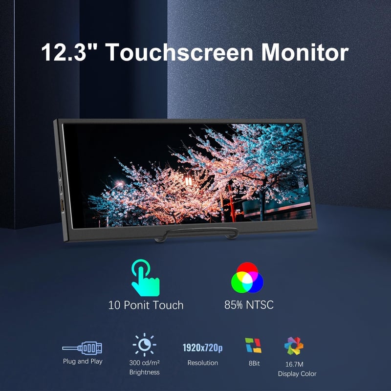 Prechen 12.3" Hordozható Érintőképernyős Monitor - 1920x720 IPS Kijelző, HDMI/USB-C, CPU/GPU Monitorozás, Laptop Kiegészítő
