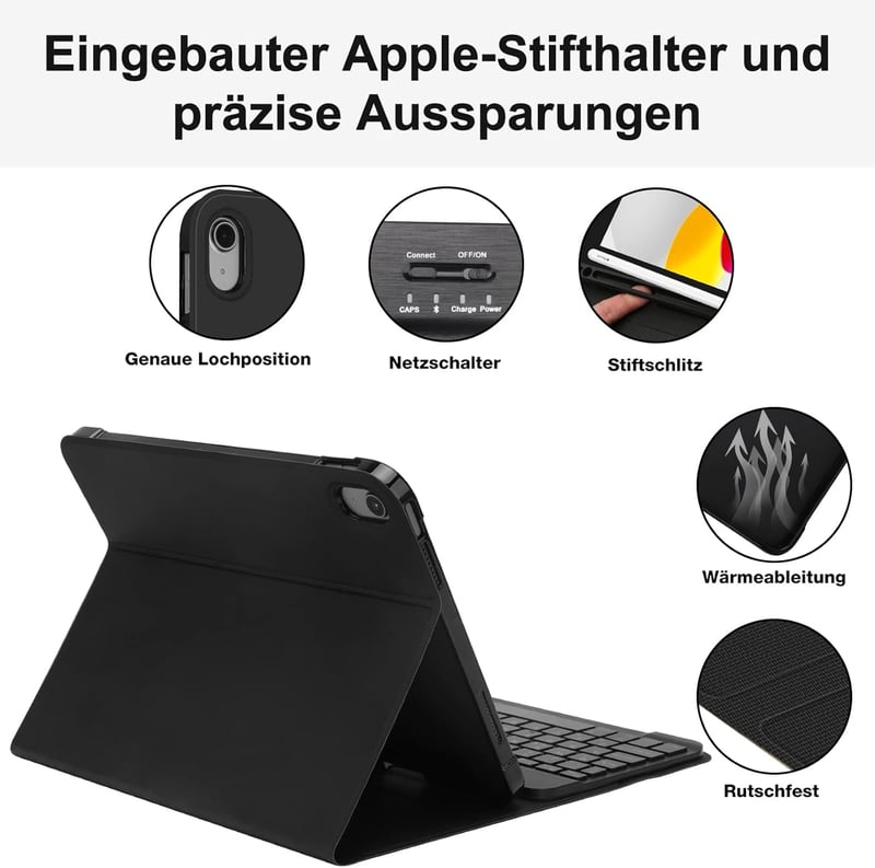 JADEMALL Bluetooth Billentyűzetes Tok iPad 10. Generációhoz (2022) - 10,9" Mágneses QWERTZ Védőtok, Leválasztható Billentyűzet, Fekete