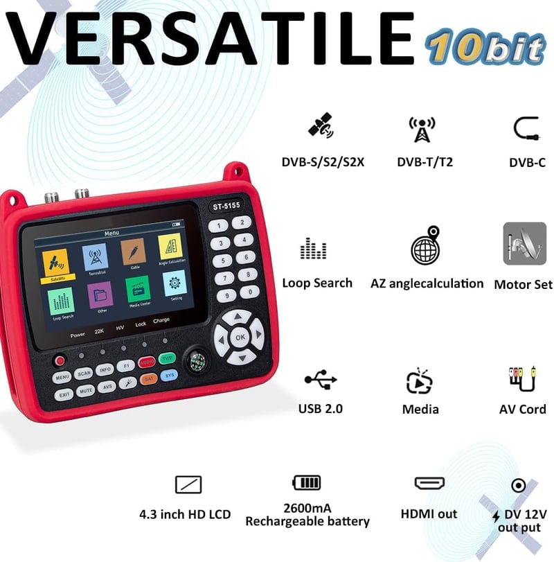 SZBOX ST-5155 Satfinder DVB-S2/S/T2/T/C Műholdkereső Készülék H.264/265/HEVC Képmegjelenítéssel, Unicable/Scr/Dcss Támogatással