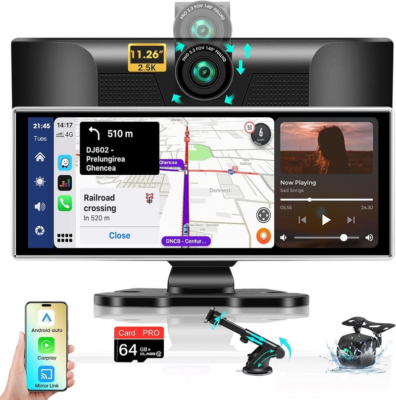 Vtopek 11,26" Vezeték Nélküli Apple CarPlay Android Autó Kijelző 2.5K Menetrögzítővel, Tolatókamerával, Bluetooth 5.0, Tükrözés Funkcióval, 