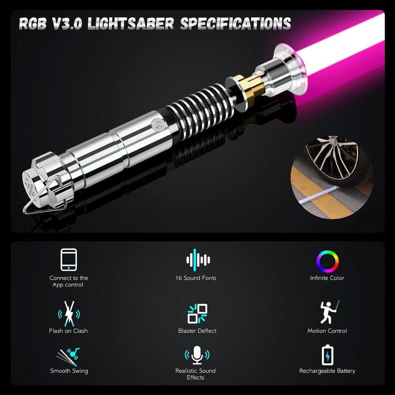 Smooth Swing Luke V3.0 Fénykard - RGB 16 Színű Mozgásérzékelős Fénykard, 16 Hangeffekttel, Fém Markolattal, USB-C Töltéssel, Felnőtteknek