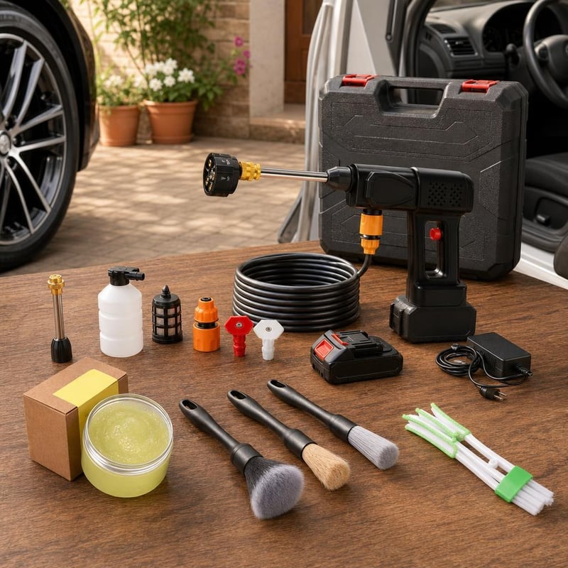 Set za njegu automobila: 4x četke za detalje + akumulatorski visokotlačni perač + gel za čišćenje