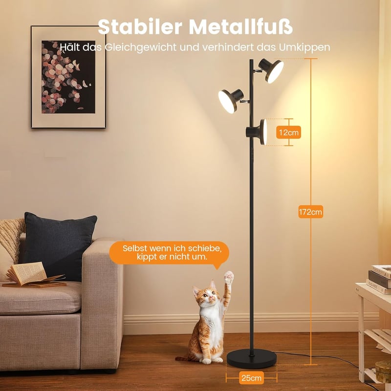 SIBRILLE Állólámpa 36W 2500LM - Távirányítós LED Dimmelhető 3 Fényforrással, 2700K-6500K Színhőmérséklet, Érintésvezérelt Modern Fekete Lámp