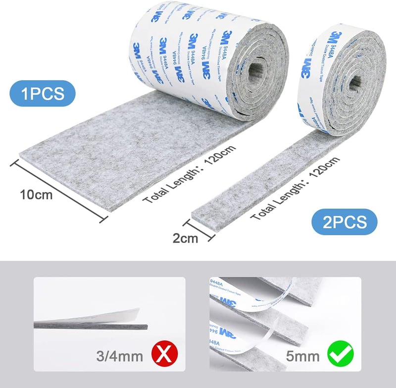 Vicloon Öntapadós Filcpárna Szett - 3 Tekercs Erős Filccsík (1x120x10cm + 2x120x2cm) Bútorlábakhoz - Vágható, Szürke Padlóvédő Csúszásgátló