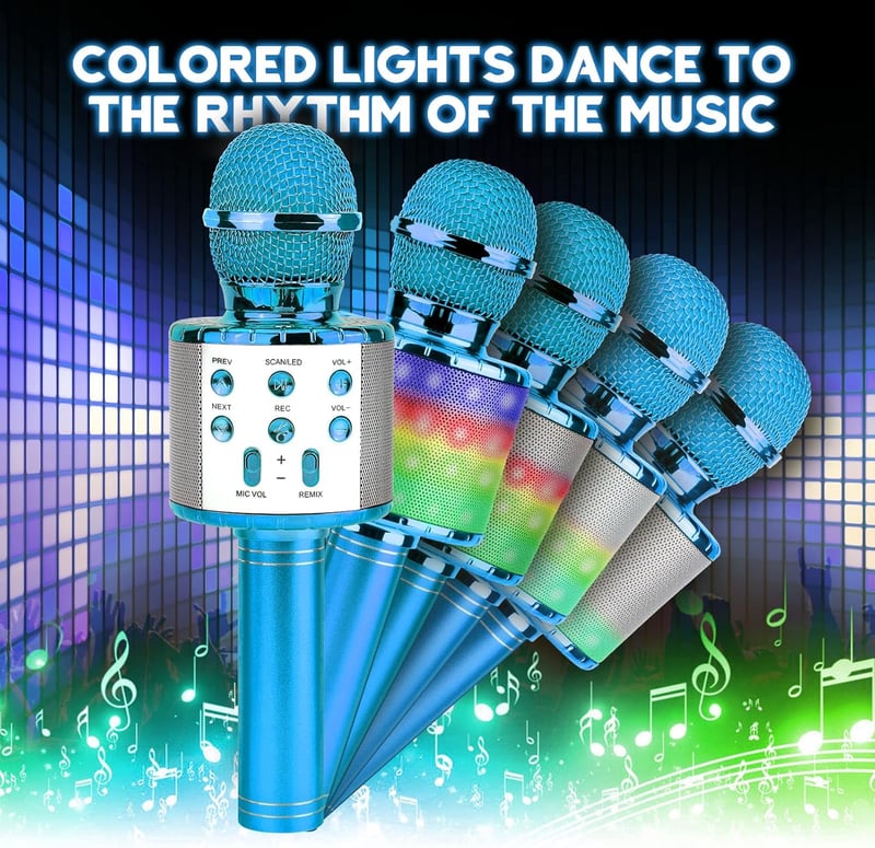 ShinePick Kék Bluetooth Karaoke Mikrofon LED Fénnyel, Hangszóróval - Android/iOS Kompatibilis