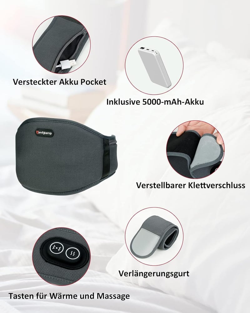 ComfyTemp vezeték nélküli vibromaszázsos derékfűtő öv, 3 fokozatú, 5000mAh akkus