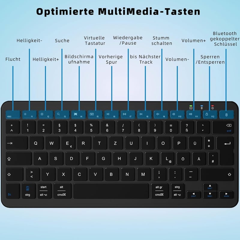 Qulose Vezeték Nélküli Bluetooth Billentyűzet - Újratölthető Mini Klaviatúra USB-C, Ultravékony Ergonomikus Dizájn, QWERTZ, Android/iOS/Wind