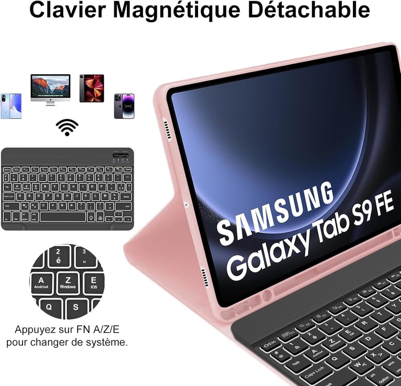 JADEMALL Samsung Galaxy Tab S9 FE 10.9"/S9 11" Rózsaszín Háttérvilágítású AZERTY Bluetooth Billentyűzetes Tok - Leválasztható, Mágneses, TPU