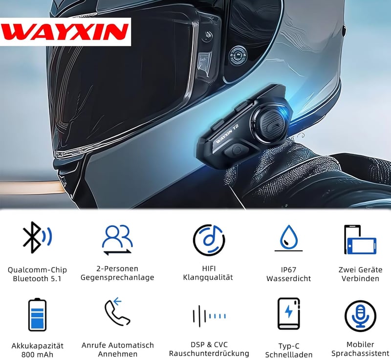 WAYXIN T2 Motoros Bluetooth Headset - 300m Hatótávolságú Sisak Kommunikációs Rendszer, Vízálló, Kihangosító Hívás, Hangvezérlés, 15 Órás Üze