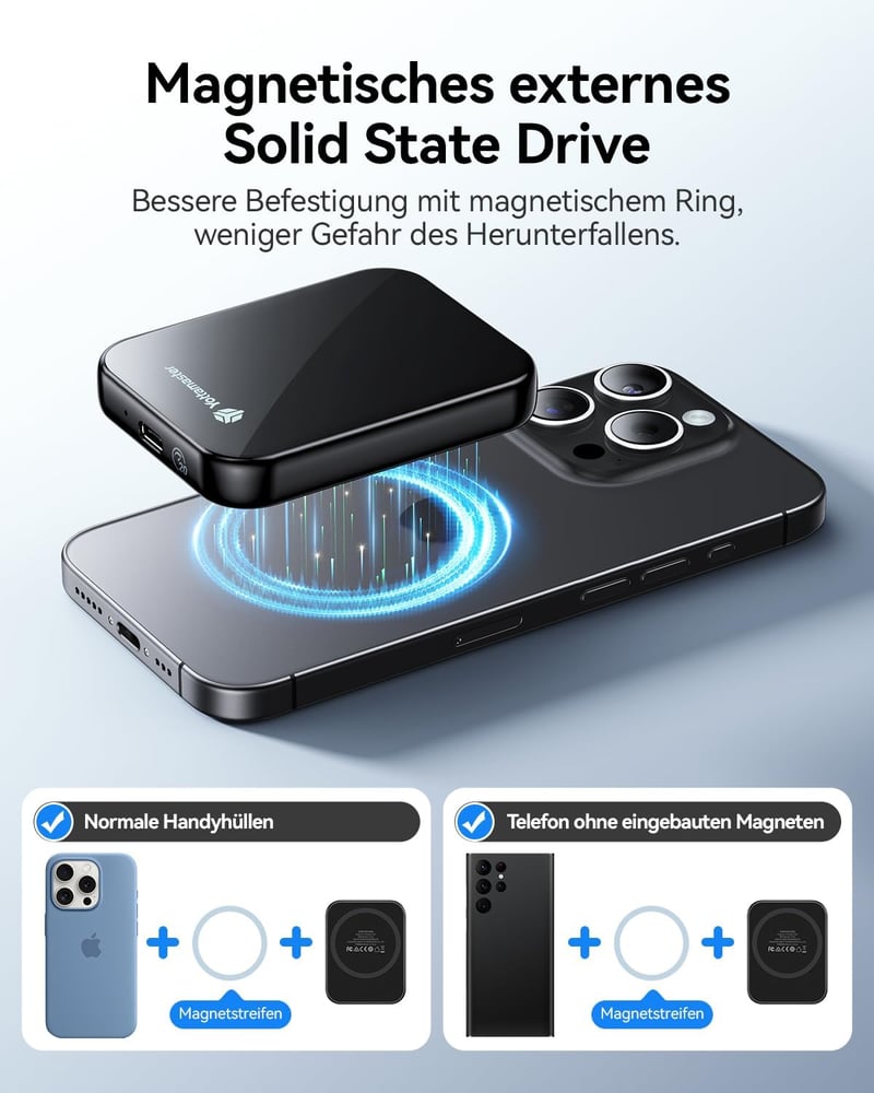 Yottamaster 512GB Mágneses Külső SSD - 2000MB/s USB 3.2 Gen 2x2 Hordozható Meghajtó iPhone 16/15, Okostelefon, Laptop és PS5 Kompatibilitáss