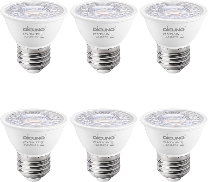 DiCUNO E27 LED Izzó 6W, Meleg Fehér 2700K, 500lm, 60° Szögű MR16 Spotlámpa, 50W Halogén Helyettesítő, PAR16 Rövid Spot, CRI90, Villódzásment