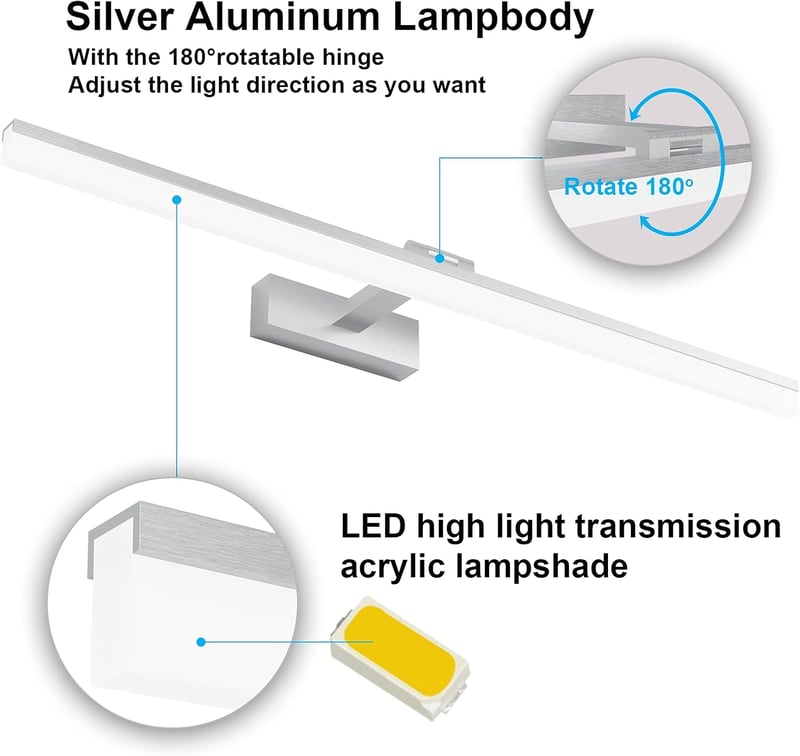 Klighten LED Tükör Világítás 24W - 80cm Ezüst Fürdőszobai Lámpa IP44 Vízálló 6000K Hideg Fehér 1170LM 180° Forgatható Fali Tükörlámpa