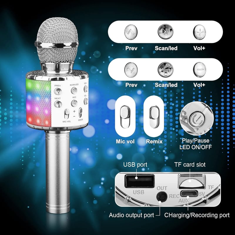 ShinePick Vezeték Nélküli Karaoke Mikrofon LED-del, Bluetooth, Android/iOS Kompatibilis - Ezüst