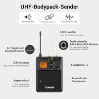 TONOR 4 csatornás UHF vezeték nélküli mikrofon szett, 90m hatótáv, karaokéhoz 6